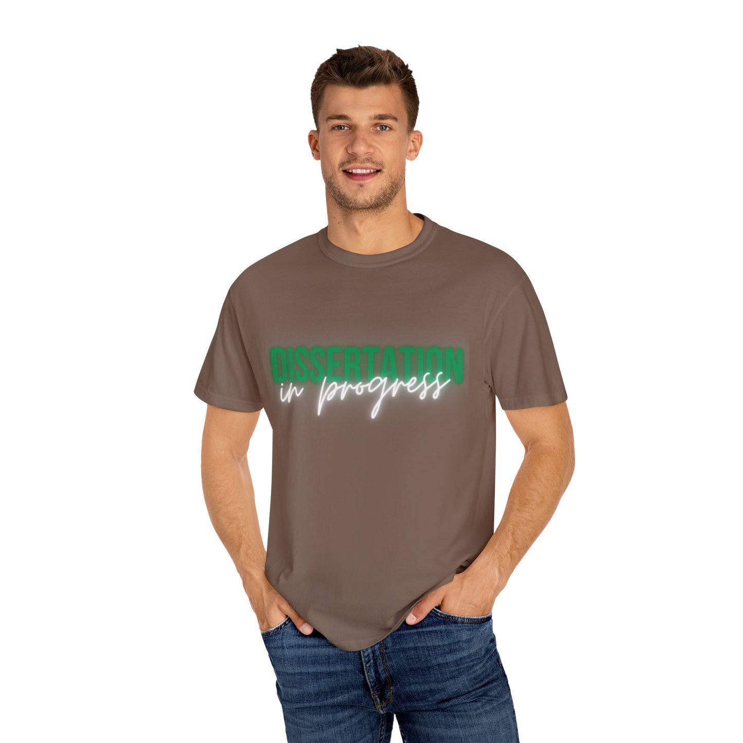 Dissertation in progress Comfort Colors T-Shirt Cozily Crafted for Scholars (Green text)