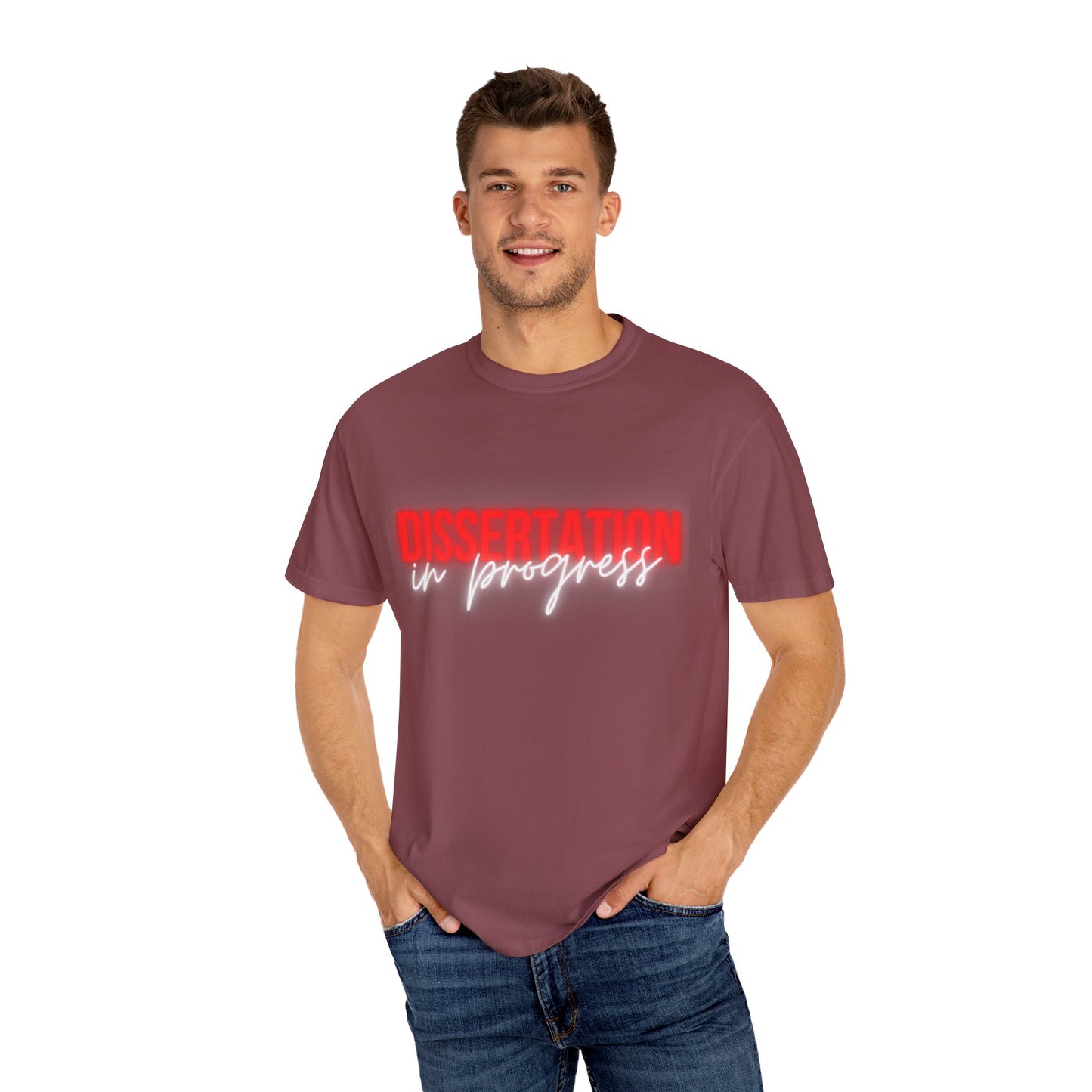 Dissertation in progress Comfort Colors T-Shirt Cozily Crafted for Scholars (Red text)