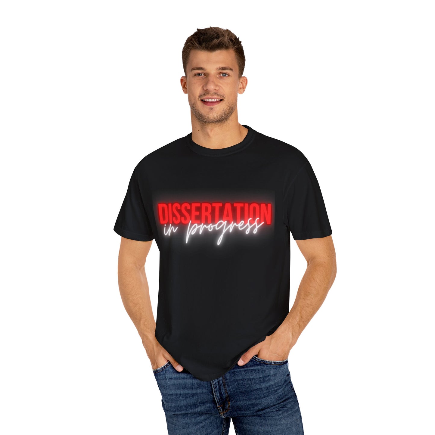 Dissertation in progress Comfort Colors T-Shirt Cozily Crafted for Scholars (Red text)