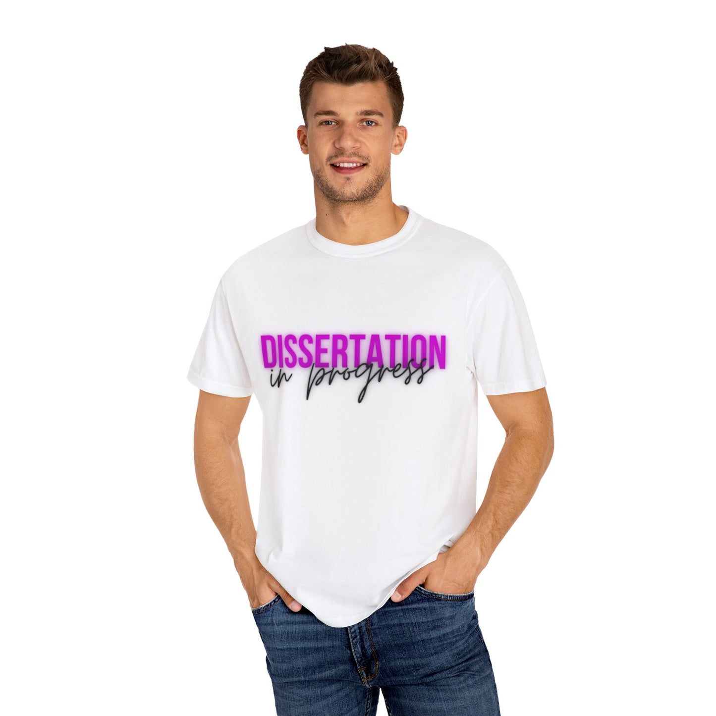 Dissertation in Progress Comfort Colors T-Shirt Cozily Crafted for Scholars (Pink/White)